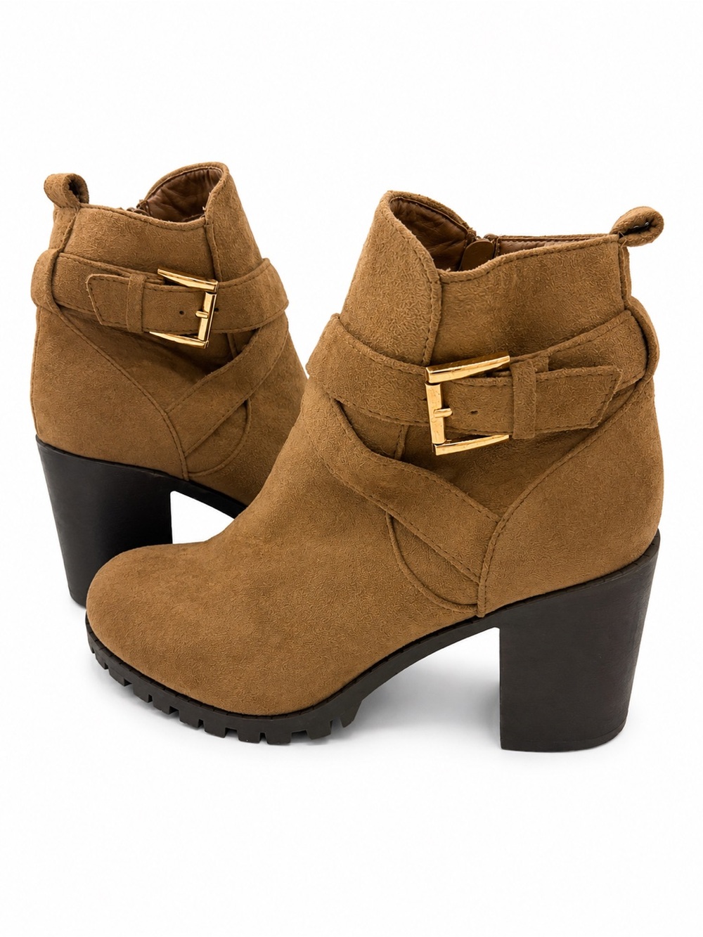 TOP Moda Tan Suede Block Heel Ankle Boots with Gold Buckle